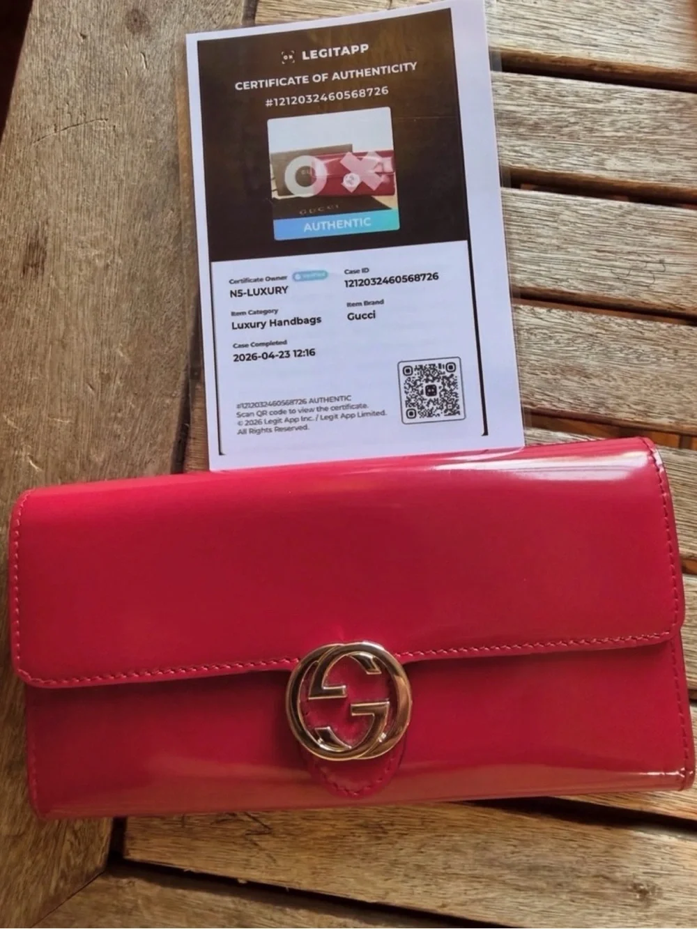 Gucci Hot Pink Patent Leather Continental Wallet Double G/COA with unbrand chain